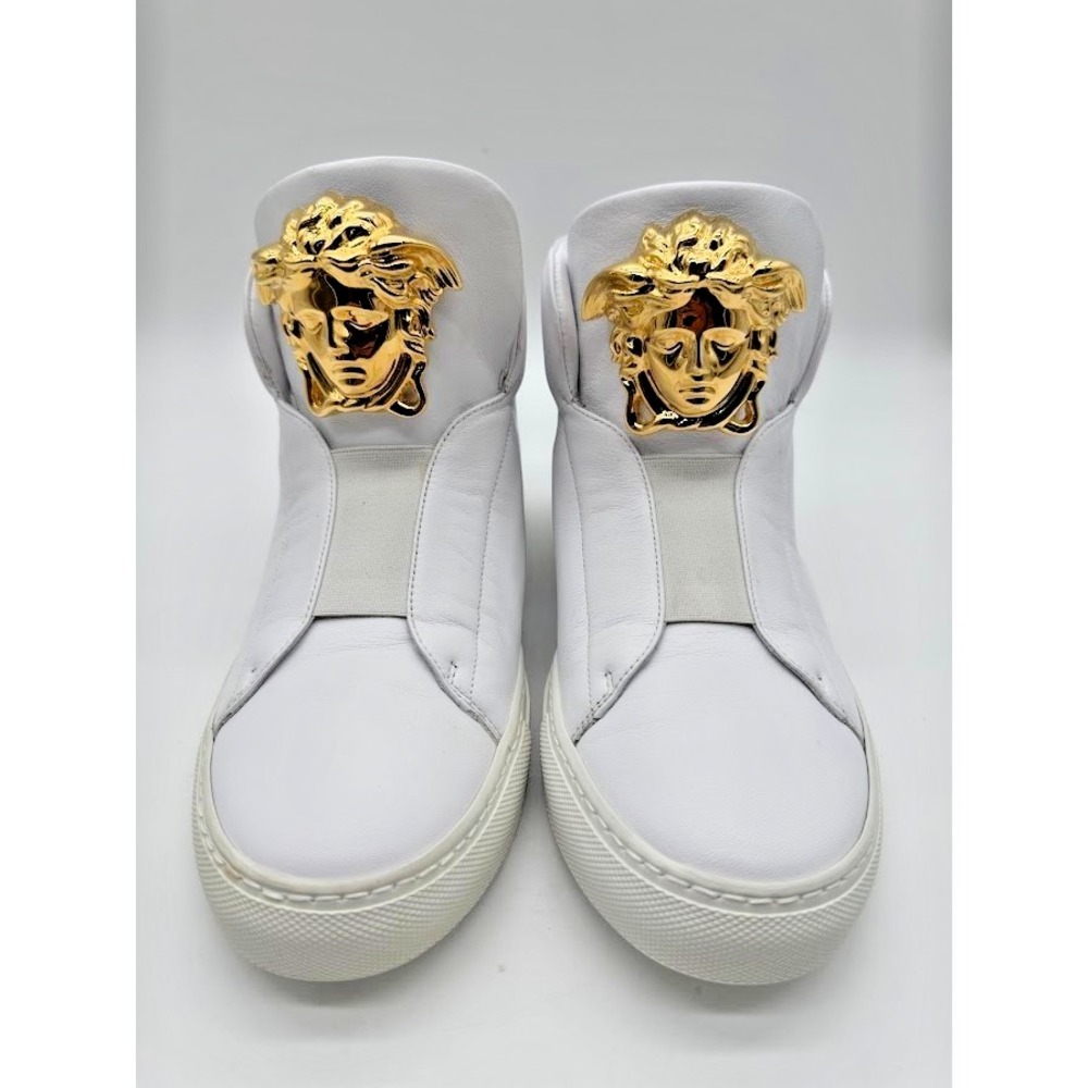 Versace Medusa Head White Leather High Top Sneakers Gold Hardware Mens 39
